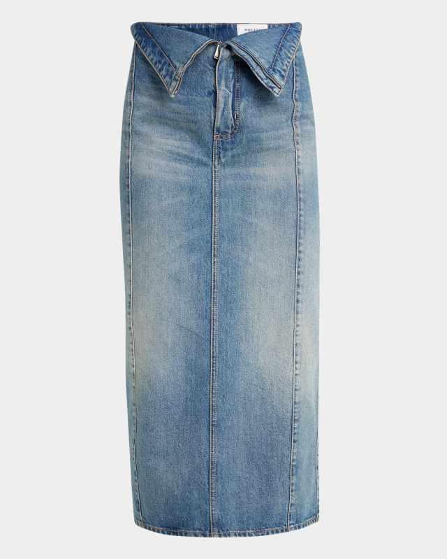 Foldover-Waist Midi Denim Skirt